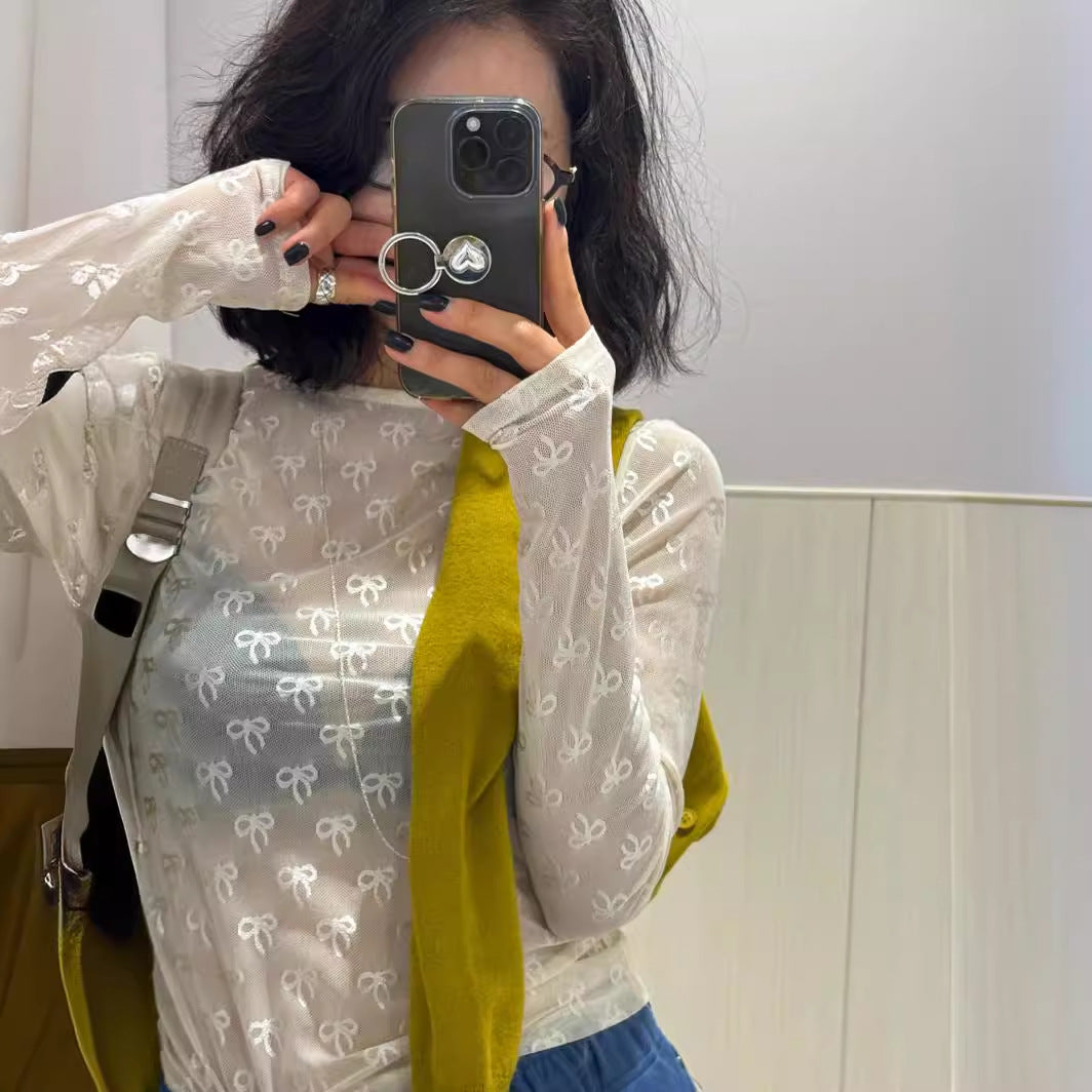Spring Summer Cute Japanese Bowknot Elastic Mesh Bottoming Shirt Long Sleeve T shirt Inner Wear