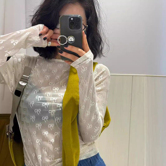 Spring Summer Cute Japanese Bowknot Elastic Mesh Bottoming Shirt Long Sleeve T shirt Inner Wear