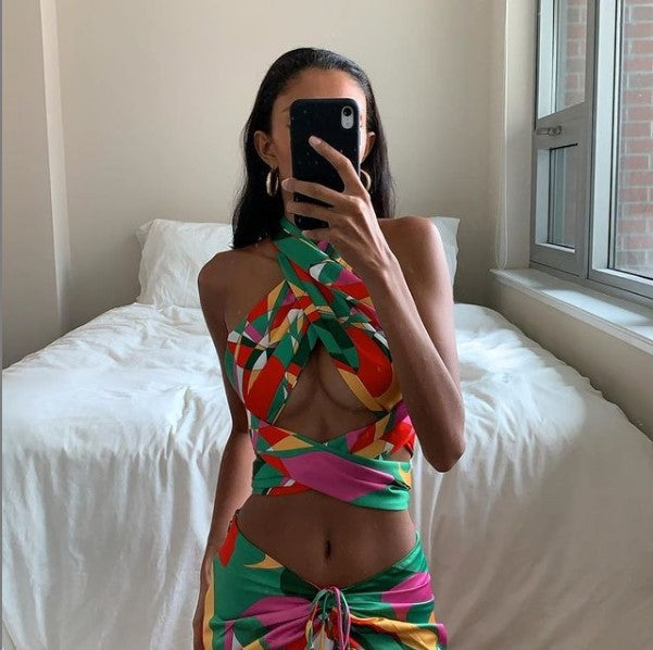 Women Clothing Tied Top Drawstring Skirt Printing Set