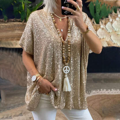 Short Sleeve Urban Casual Color Loose Pullover Sequined V neck T shirt Top Women Clothing
