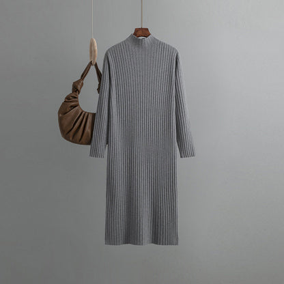 Women Knitted Bottoming Dress, Autumn Winter Half High Collar Mid Length Dinified Sweater Over the Knee