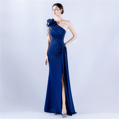 Women Clothing Heavy Industry Beads Handmade Artistic Floral Pleated Craft Satin off the Shoulder High Fork Evening Dress