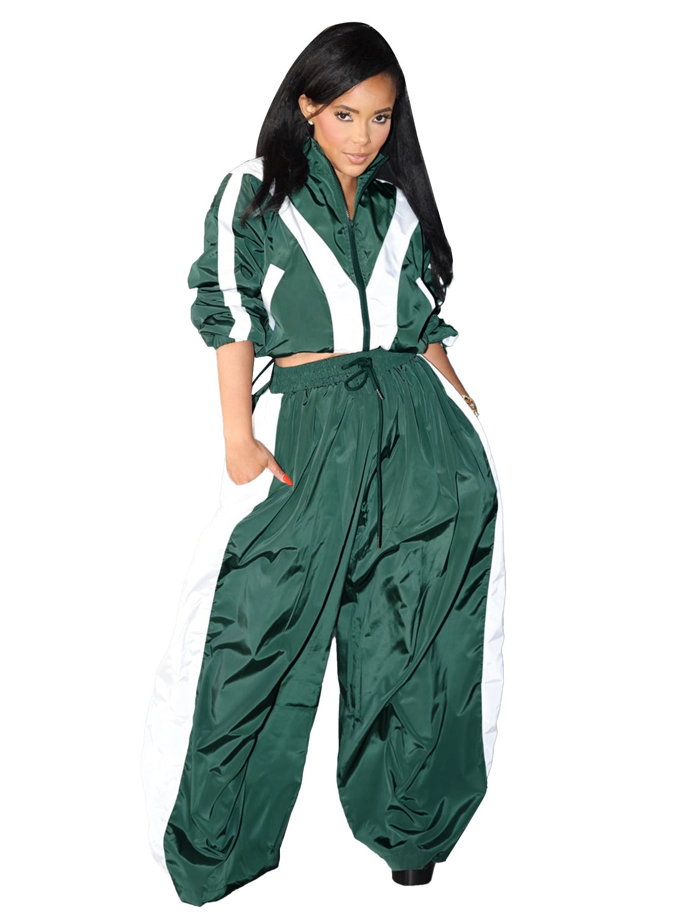 Women Zipper Waist Stitching Contrast Color Oversized Super Trendy Two Piece Suit