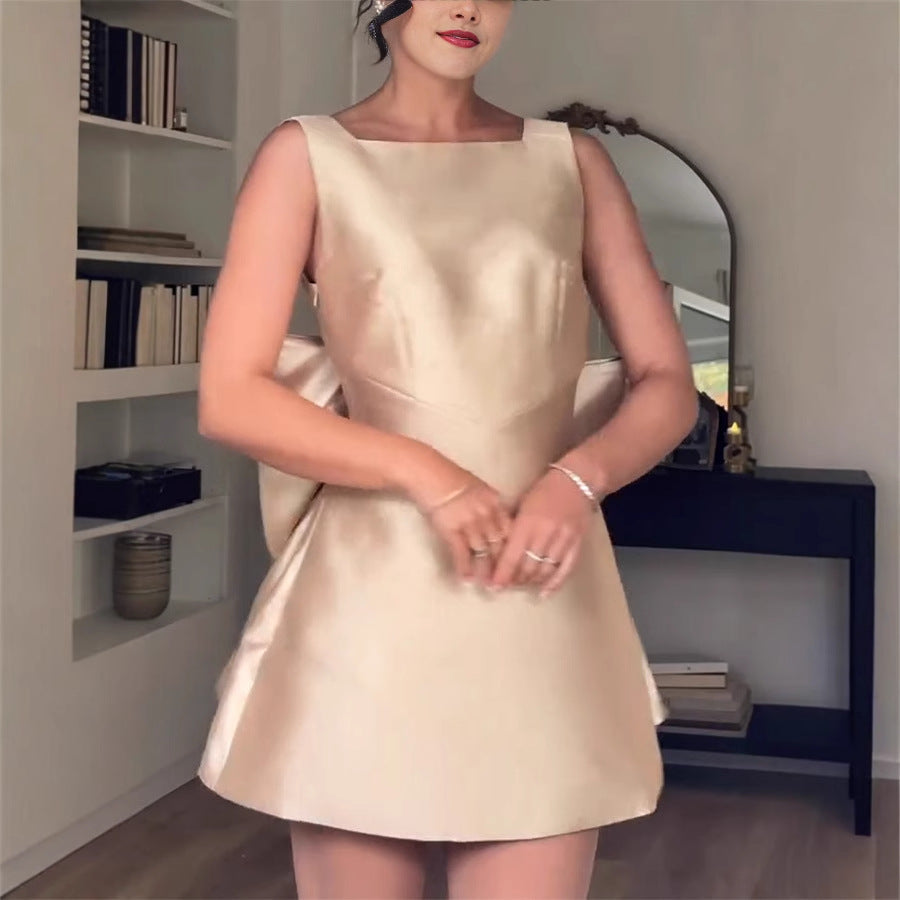 Women Clothing Spring Satin Backless Bow Decorative High Waist Dress