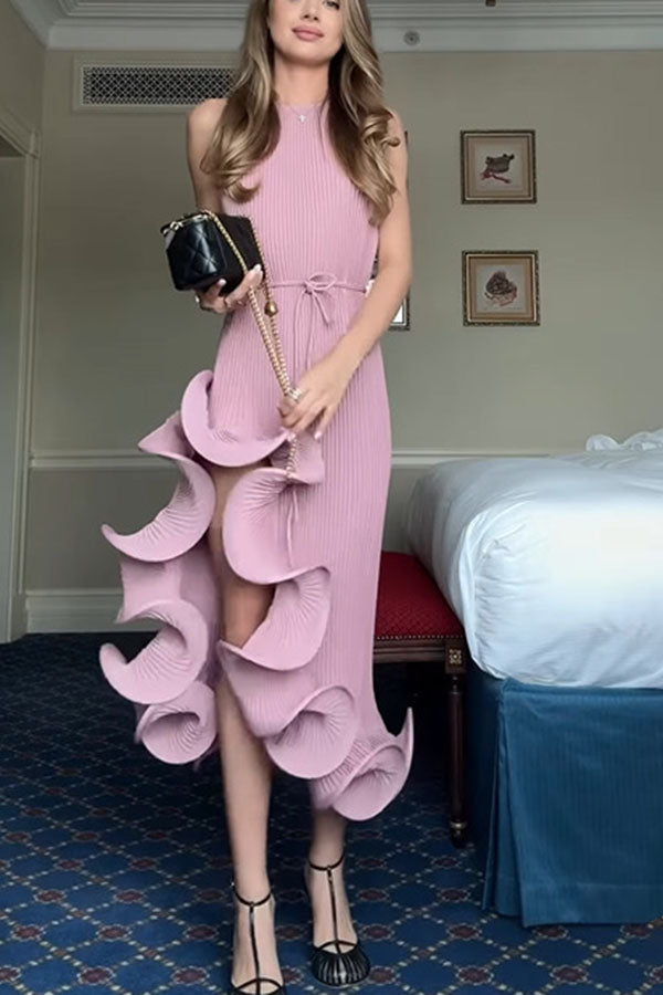Solid Color Sleeveless Waist Tie Irregular Ruffle Slim Midi Dress