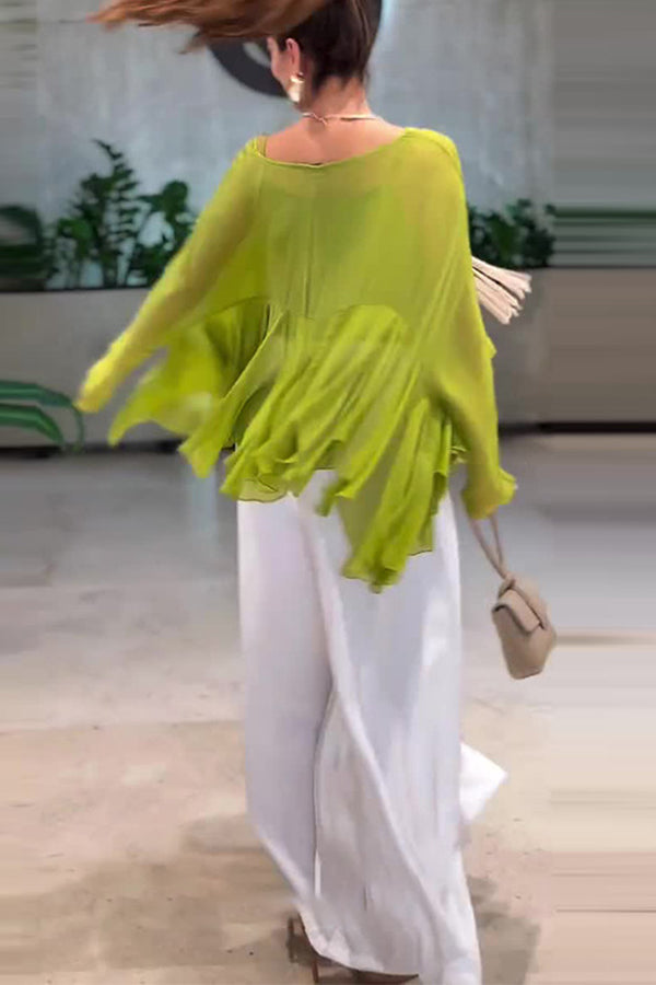Romantic Journey Chiffon Ruffle Batwing Sleeve Top and Elastic Waist Pocket Loose Pants Set