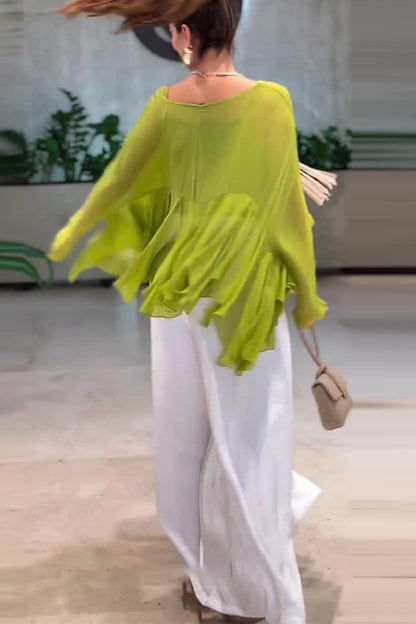 Romantic Journey Chiffon Ruffle Batwing Sleeve Top and Elastic Waist Pocket Loose Pants Set