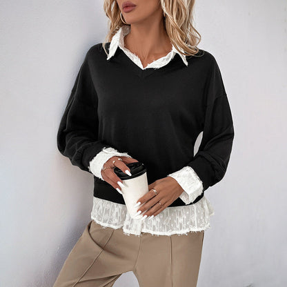 Autumn Casual Top Collared Patchwork False Two Piece Sweatshirt Women