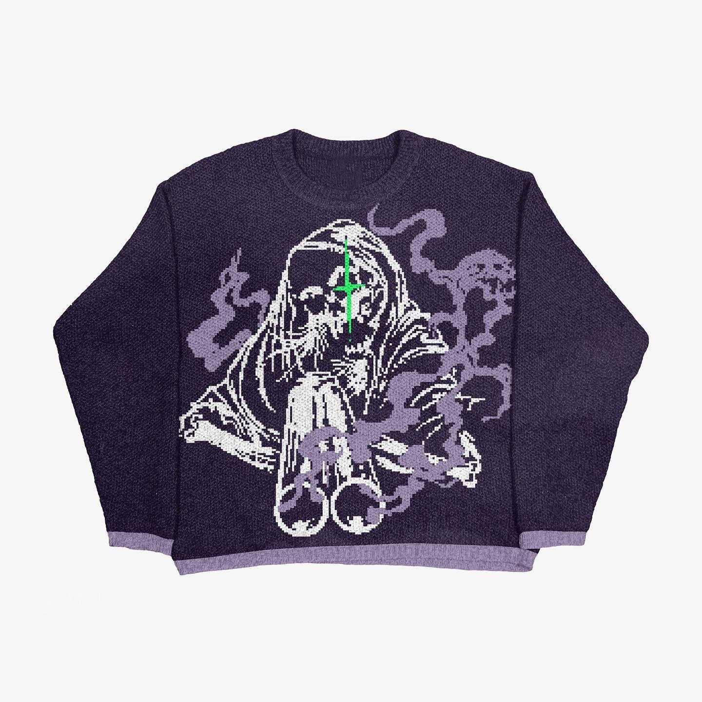 Grunge Horror Style Printed Crewneck Slouchy Knit Sweater