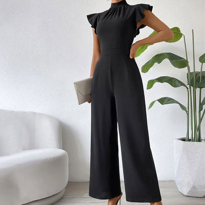 Stand Collar Ruffle Wide Leg Pants Draping Effect Trousers Women Sleeveless Jumpsuit Casual Pants Pants Women Summer