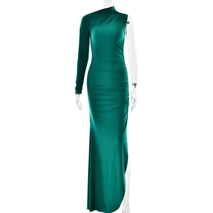 Women Elegant Dress Sexy One Shoulder Sleeves Solid Color Split Slim Dress Long