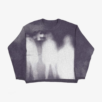 Grunge Horror Style Printed Crewneck Slouchy Knit Sweater