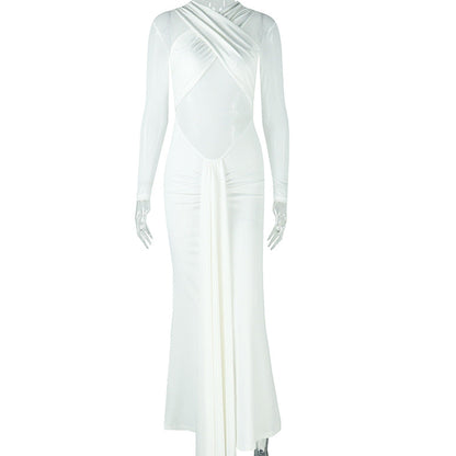 Elegant Simple Women Clothing Sexy Slim Hip Micro Transparent One Step Solid Color Pleated Wrapped Chest Length Dress