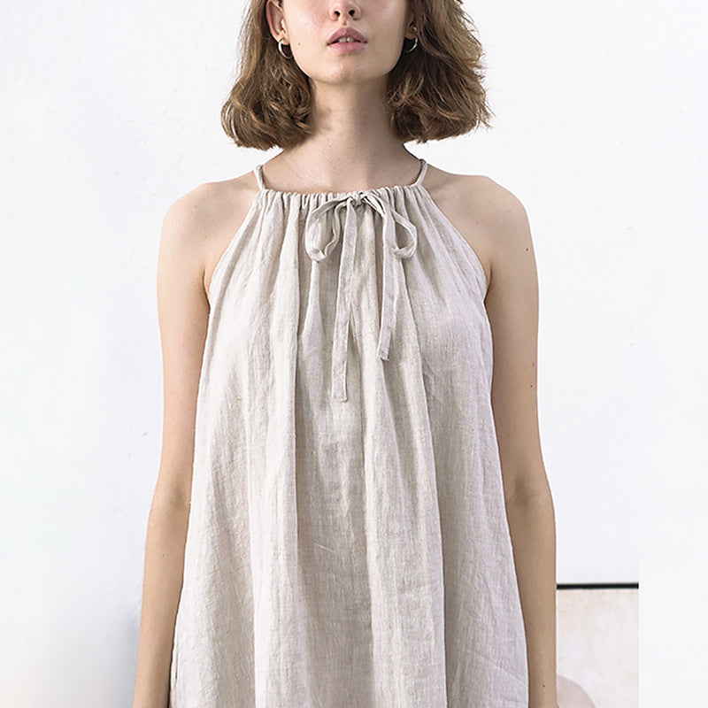 Summer Linen Cami Dress Halter Strap Reverse Cotton Linen Niche Design Maxi Dress Women Clothing