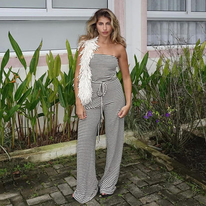 Striped Color Matching Horizontal Bra Lace up Long Mop Casual Pants Jumpsuit Trousers