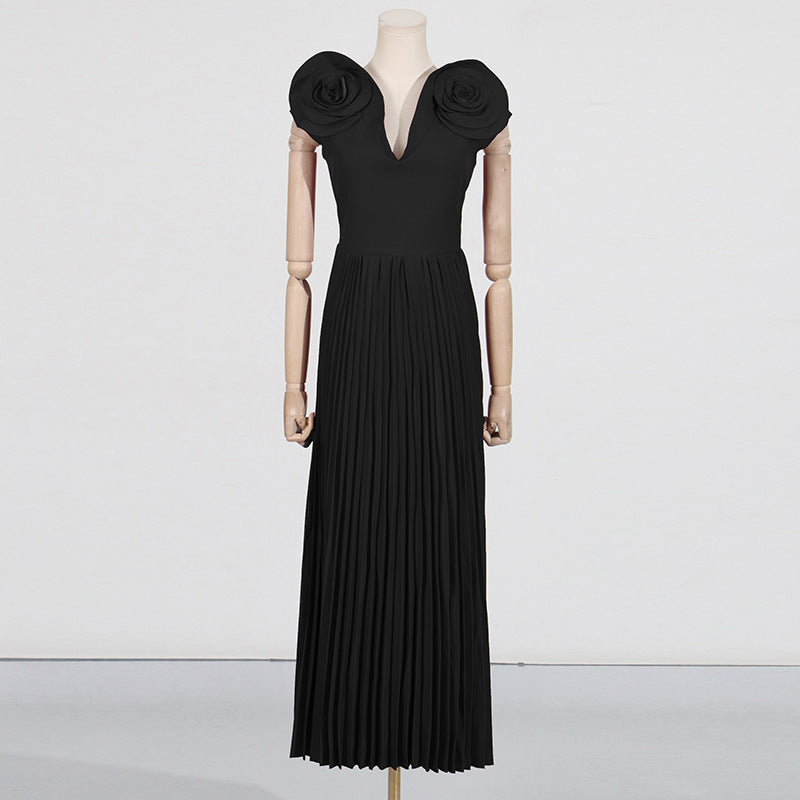 Socialite Large Floral Formal Dress 2025 Early Spring Sexy V neck High Waist Pleated Maxi Dress Women