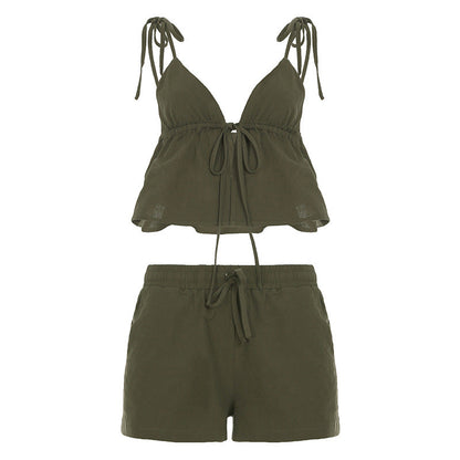 Women Clothing Casual Shorts Two Piece Sling Cotton Linen Texture Lace up Solid Color Loose Vacation Set