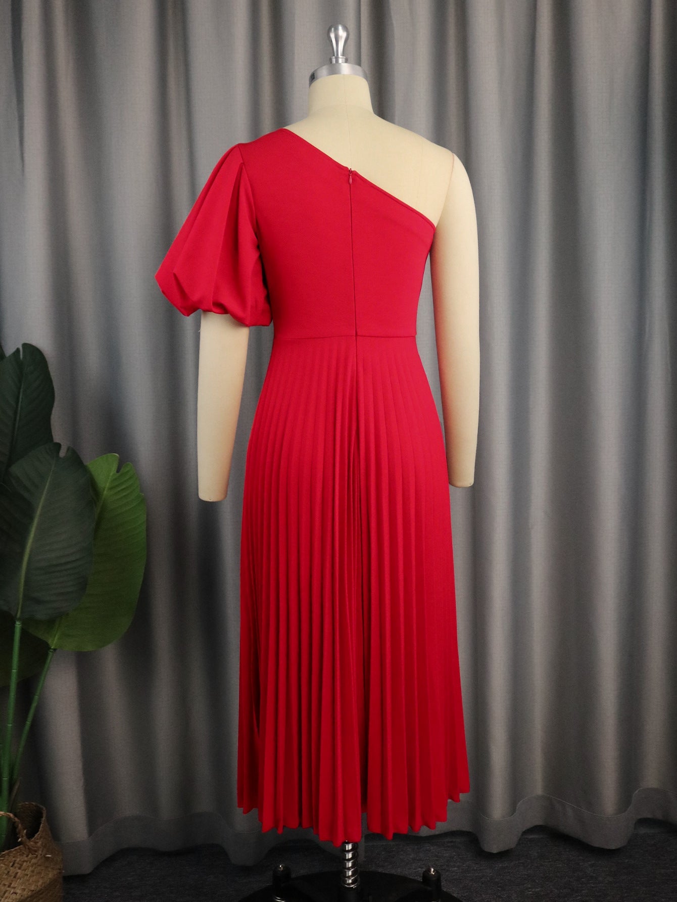 Aomei Spring Casual One Shoulder Diagonal Collar Pleated Dress Spring Outing Beach Vacation Puff Sleeve Dress Dresses