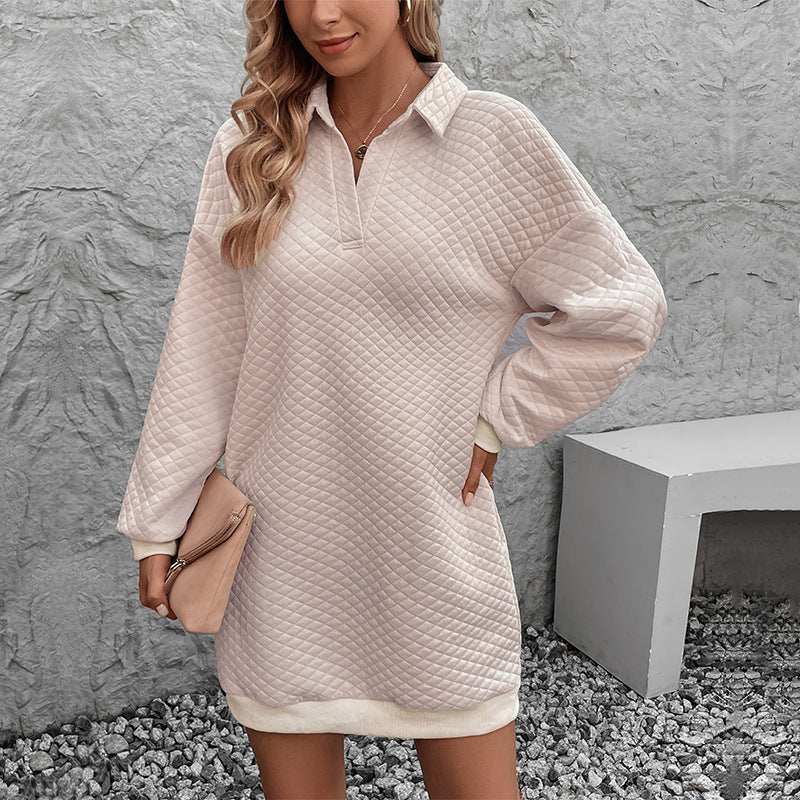 Autumn Women Solid Color Polo Collar Sweater Dress