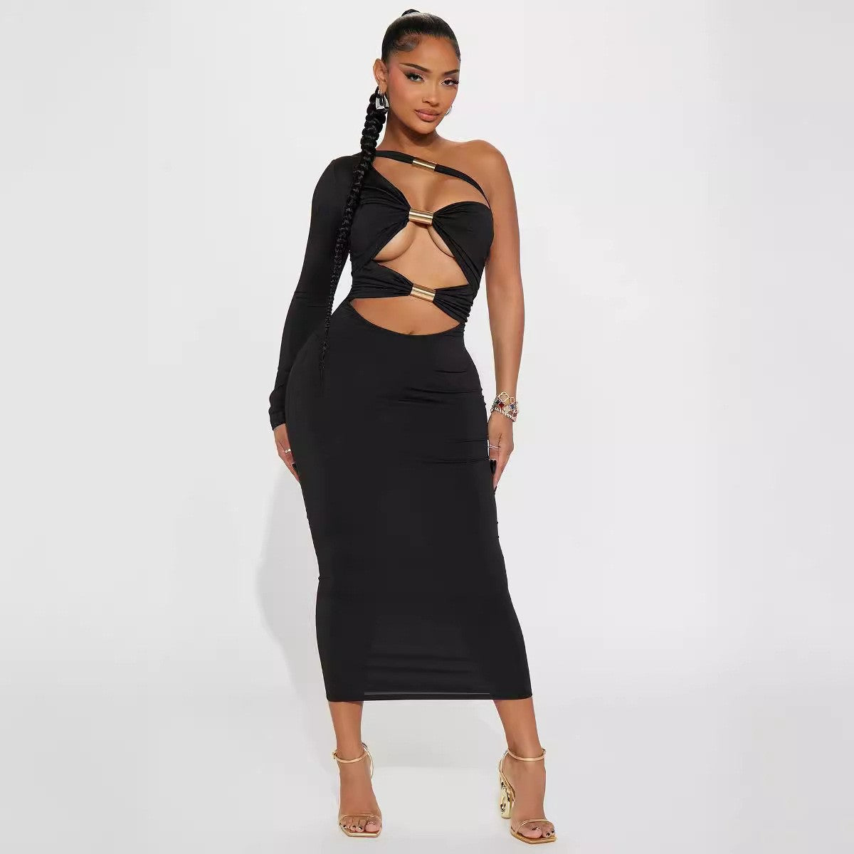 Women Clothing Sexy Cutout Metal Tube Slim Fit Maxi Dress Diagonal Collar Shoulder Sleeve Sheath Pencil Dress