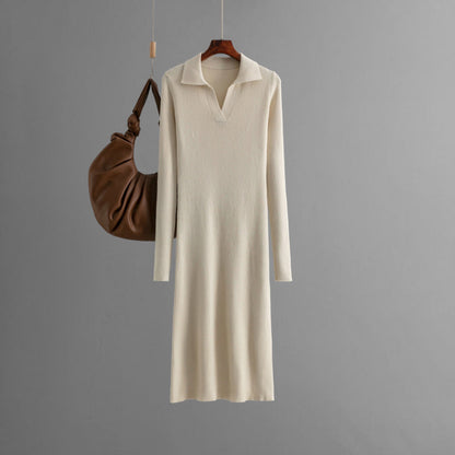 Long Autumn Winter Dress Polo Collar Knitted Solid Color Slim Fit Slimming Base dress Women Clothing