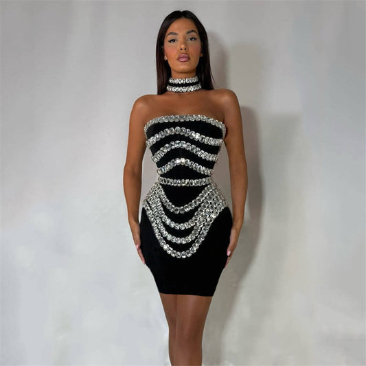 Handmade Beaded Rhinestone Sexy off the Shoulder Bandage One-Piece Dress Slim Party Gathering Evening Dress
