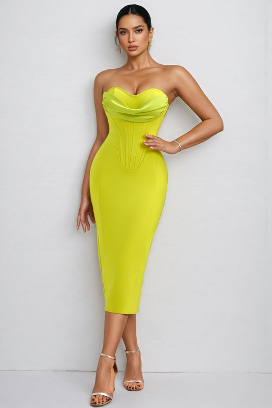 Tybes Green Strapless Slit Midi Dress