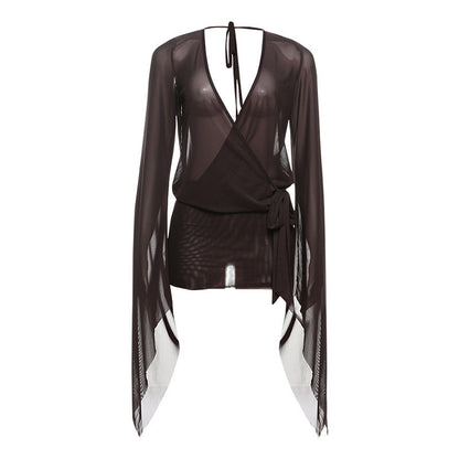 Spring Sexy Deep V Plunge See through Backless Lace up Solid Color Sheath Short Dress Women
