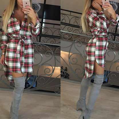 Women Clothing Ladies Collared Long Sleeve Shirt Women Mid-Length Plaid Shirt Shirt Dress
