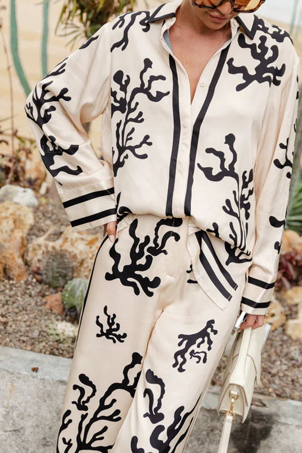 From Desk To Dinner Satin Unique Print Button Down Oversized Blouse