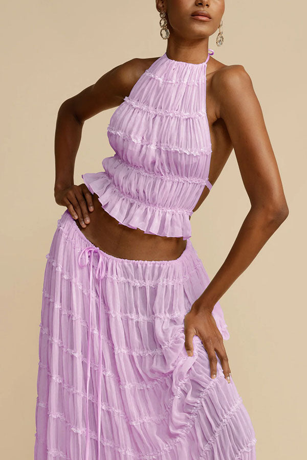 Versatile retro charm pleated drawstring waistline long skirt set