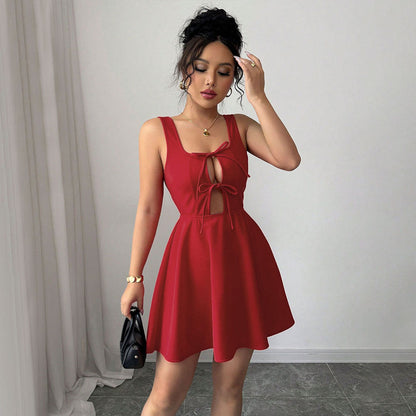 Women Clothing Summer Sexy Square Collar Red Dress A line Slip Dress