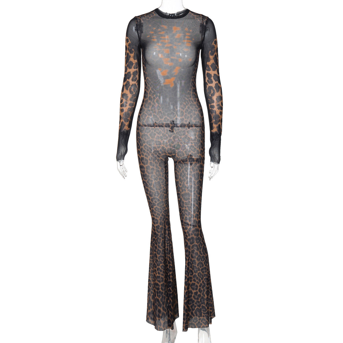Mesh See through Sexy Jumpsuit Winter Long Sleeve Printed Flared Pants Women
