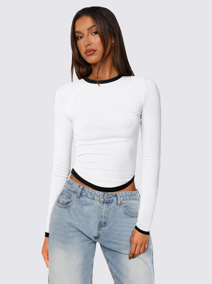 Women Clothing Spring Summer Long Sleeve round Neck Slim Fit Contrast Colors Short Pullover Top Women