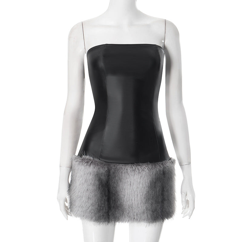 Women Clothing Autumn Winter Collarless Leather Tube Top Plush Stitching Hip Short Dress