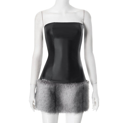 Women Clothing Autumn Winter Collarless Leather Tube Top Plush Stitching Hip Short Dress