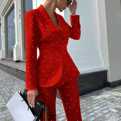 Black Polka Dot Long Sleeve Blazer Two Piece Set Women Clothing