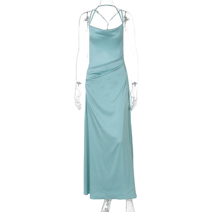 Women Clothing Spring Summer Sexy Backless Evening Dress Solid Color Swing Collar Dress