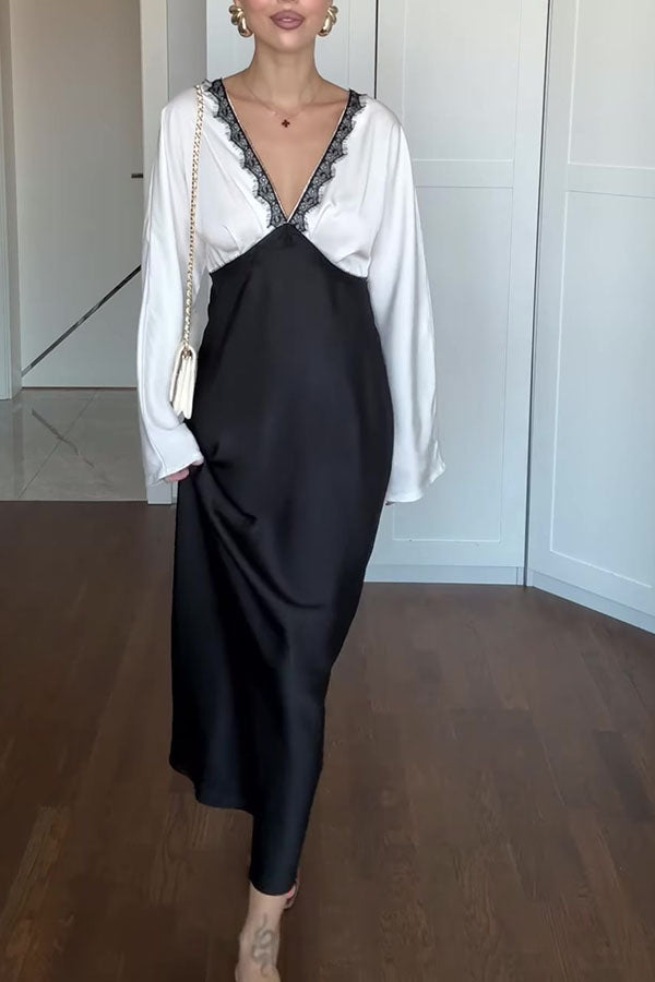 Lainei Contrast Color Satin Lace Trim V-neck Long Sleeve Maxi Dress