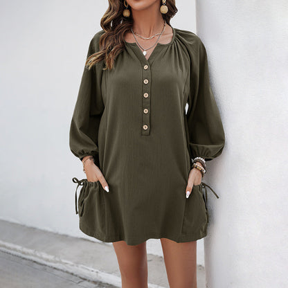 Spring Summer Casual Loose Dress Elastic Design Pocket Solid Color Dress