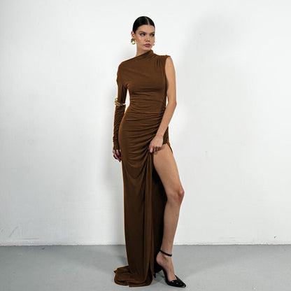 Women Elegant Dress Sexy One Shoulder Sleeves Solid Color Split Slim Dress Long