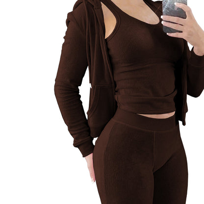 Women Clothing International Station Autumn Winter Plush Hooded Vest Three Piece Set