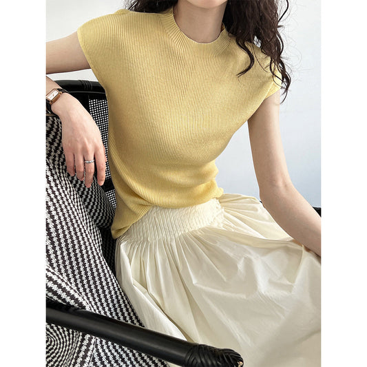 Spring Summer Slim Fit Cashmere Knitwear Top Simple Drop Shoulder Soft Glutinous Short Sleeve Bottoming Shirt Women