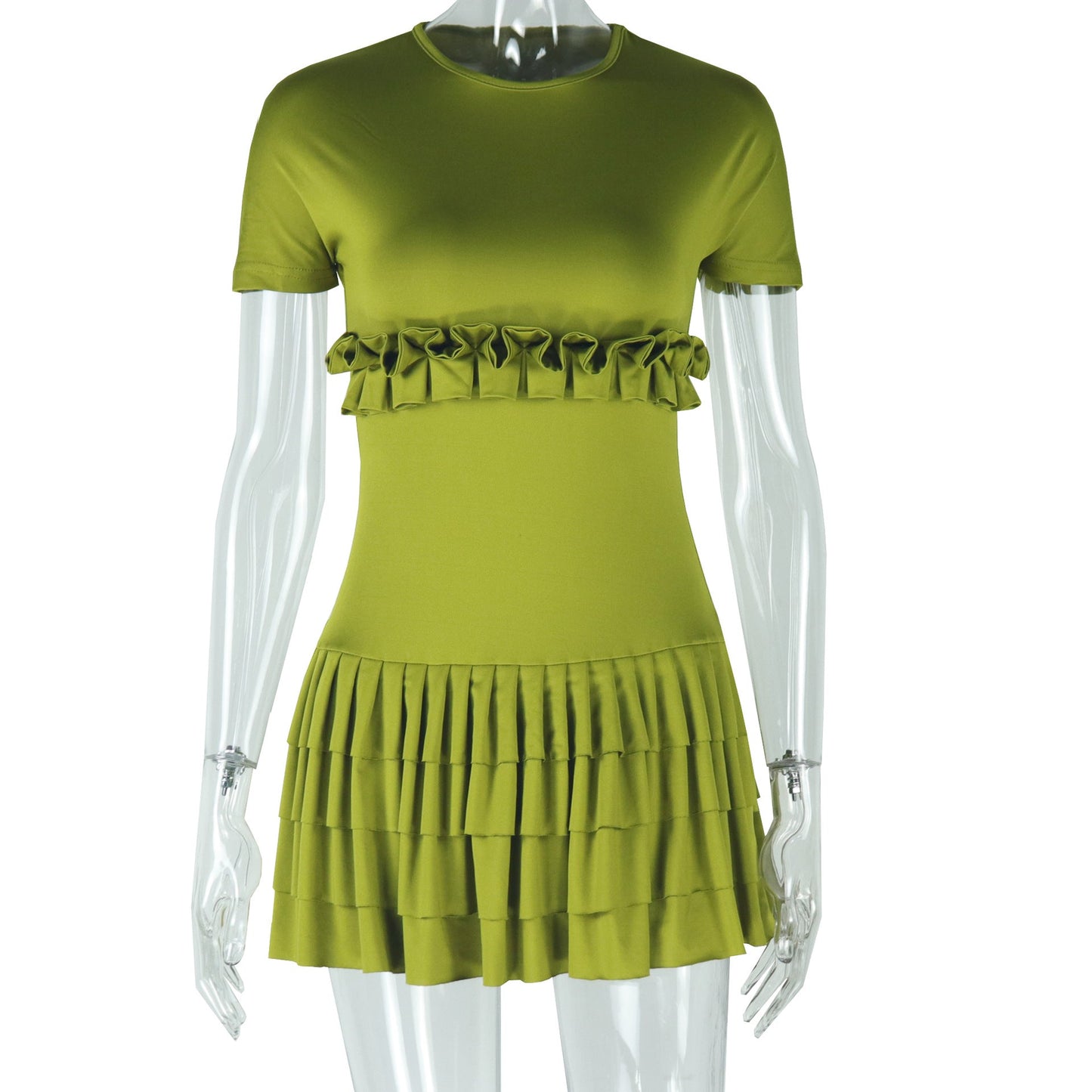 Women Clothing Solid Color Tight Sweet Fresh Pleated dress Short Sleeve round Neck Short Dress