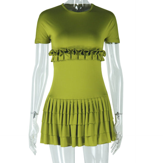 Women Clothing Solid Color Tight Sweet Fresh Pleated dress Short Sleeve round Neck Short Dress