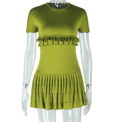 Women Clothing Solid Color Tight Sweet Fresh Pleated dress Short Sleeve round Neck Short Dress