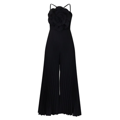 Women Clothing Summer Halter Three Dimensional Floral Solid Color Wide Leg plus Size Jumpsuit