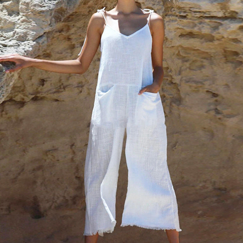 Popular Women Clothing Summer Solid Color Sexy Sling Slub Linen Jumpsuit
