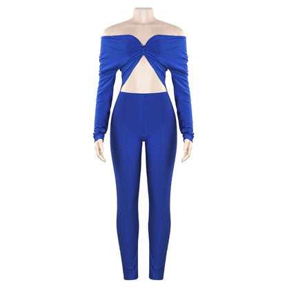 Autumn Solid Color V Neck Twist Hollow Out Cutout Cropped Sexy High Waist Long Sleeve Jumpsuit