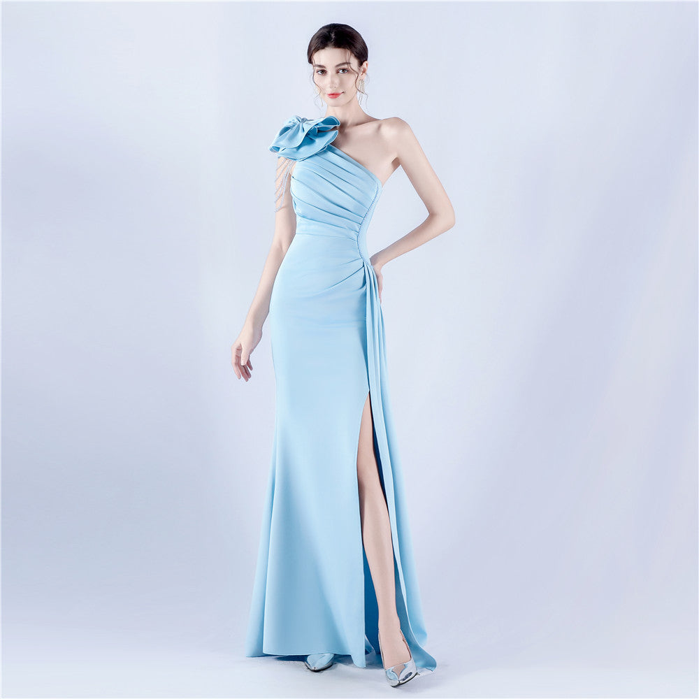 Women Clothing Heavy Industry Beads Handmade Artistic Floral Pleated Craft Satin off the Shoulder High Fork Evening Dress